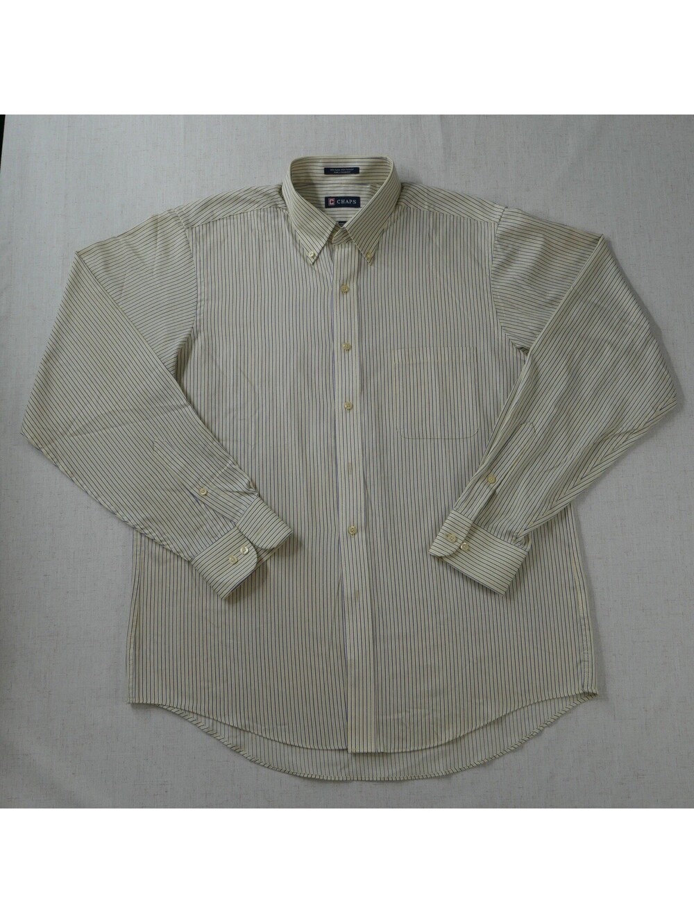 Chaps Mens Dress Shirt Large 16-16.5 36/37 Yellow Blue Striped Wrinkle Free